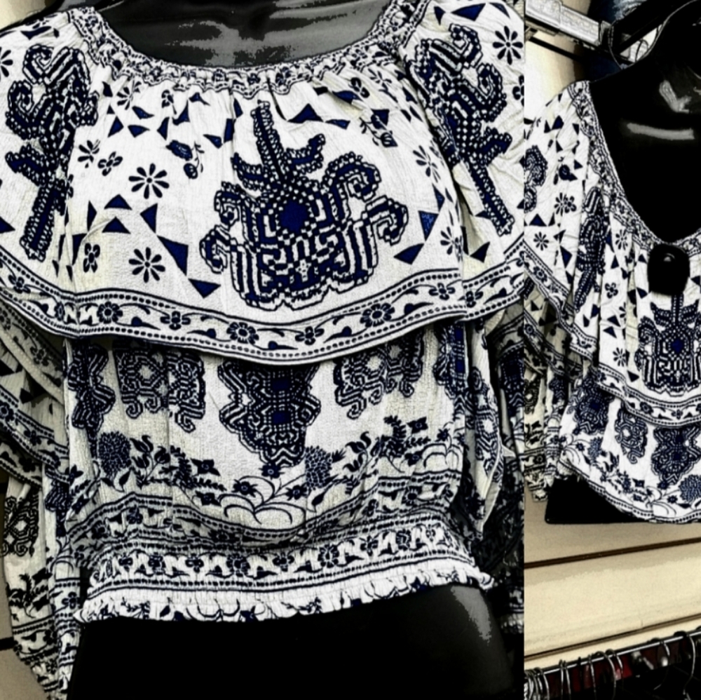 New Flying Tomato Tribal Smocked Ruffle Crop Top
